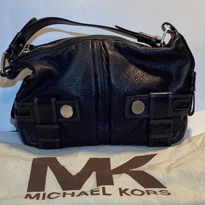 Michael Kors Harness Bag, black pebbled leather,gold hardware, zip top, dust bag